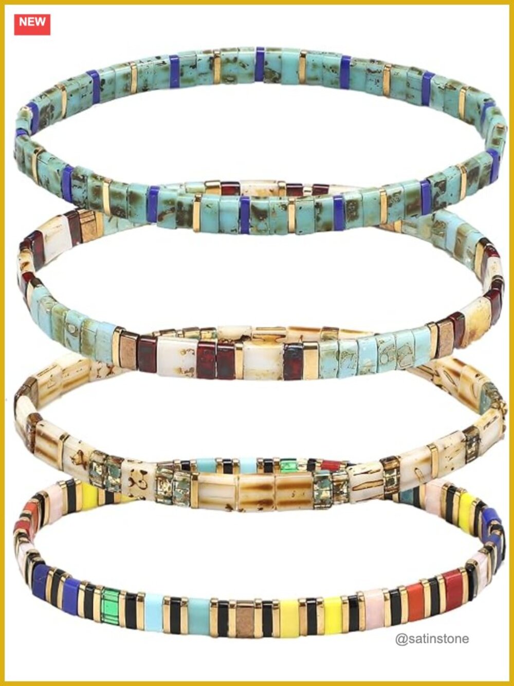 Boho Flat Glass Bead Stretch Bracelets Set of 4 Friendship Bracelets